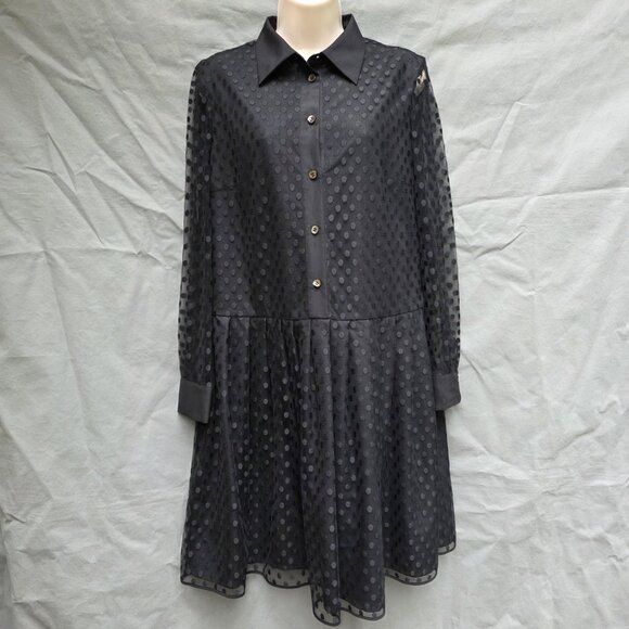 MANTU Made In Italy Black Dress Lace Dot Overlay Pleated Skirt Collared Designer - Picture 6 of 6